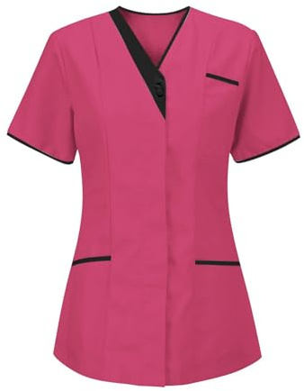 HAOLEI Scrub Tops for Women Uniform Beauty Healthcare Spa Salon Scrub Top Plus Size Short Sleeve Plain V Neck T Shirt UK 2031 Casual Summer Shirts with Pockets Tunics Ladies Work Blouses
