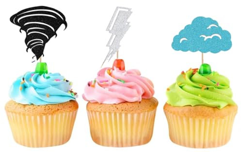 Tornado Cupcake Toppers Lightning Cupcake Toppers Glitter Weather Cake Decoration for Weather Themed Birthday Baby Shower Party Favors Decorations(black)