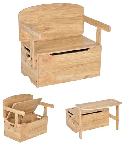 GYMAX 3 in 1 Cassapanca, Scatola Portaoggetti, Set di Tavolo e Sedie per Bambini, Convertibile, Aste Pneumatiche, Maniglia Integrata, Angoli Arrotondati, per Casa, Asilo, Cameretta (Naturale)
