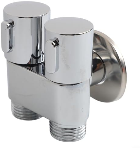 Sandyseptember Válvula de ángulo de salida doble montada en la pared G1/2 Controlador de agua Construcción de aleación para inodoro bidé pulverizador de limpieza de baño (plata)