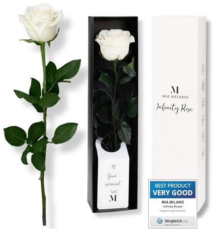Mia Milano Rosa Infinity Blanca con Tallo (duración 5 años) en Caja de Regalo | Regalo Decorativo para Ella | Flor preservada con Aroma a Rosa | Tarjeta de Regalo incluida