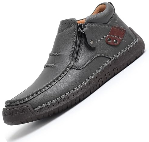 GHTRHSB Bottes orthopédiques en cuir à enfiler pour homme, chaussures de randonnée confortables faites à la main avec fermeture éclair latérale