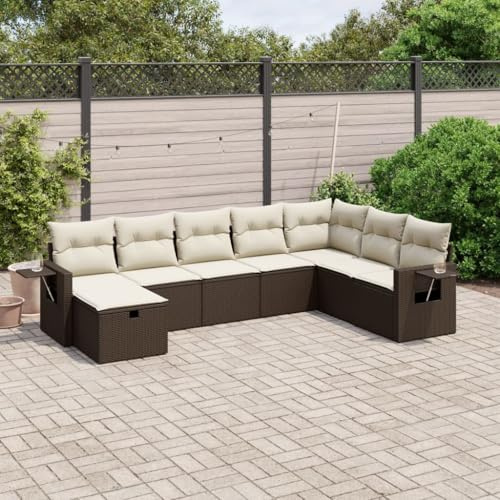 QJBSAVVA Ensemble de meubles de jardin 8 pièces en rotin synthétique marron - Canapé d'angle, canapé central, accoudoirs et tabourets avec coussins - Groupe de sièges modulaires - 110 kg - Pour
