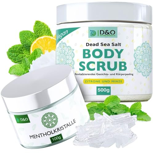 D&O Nature Products Mentholkristalle Sauna 100g aus reiner Minze und Body Scrub 500g mit Totem Meer Salz und Pflegeölen (Zitrone & Minze)