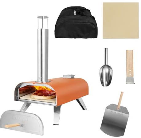 George Foreman GFWPPO1ORPC - Horno de pizza portátil de madera de 12 pulgadas para exteriores, color naranja profundo con paleta y bolsa de transporte, horno de barbacoa y ahumador, patas plegables