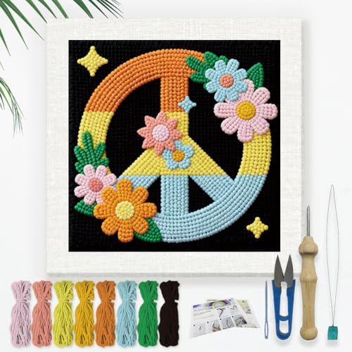 DOODLREAM Peace Symbol Punch Needle Kit for Beginner 24 x 24 cm | Color Peace Motif Punch Stitching Embroidery Set with Pre-Printed Frame, Yarns, Punch Needle, Threader, Instruction