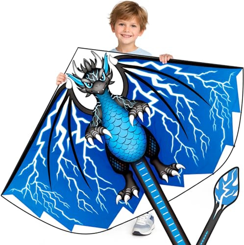 Grande aquilone dinosauro blu, 117 x 71 cm, linea singola colorata con coda, aquilone da spiaggia per principianti, con manico di avvolgimento e lenza, per bambini, per giochi di volo e attività