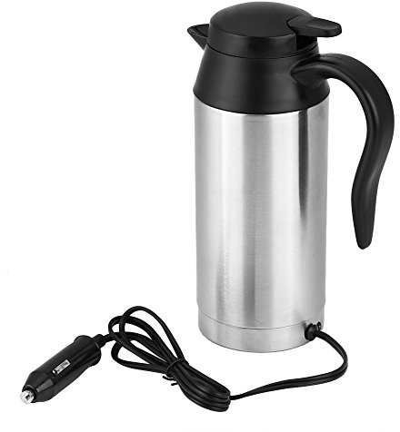 Qiilu Elektrischer Wasserkocher Edelstahl 12V, 750mL, 120W KFZ Heizbecher Mit Zigarettenanzünder, Automatische Abschaltung, Silber Auto Kessel