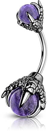 CM Crareesi Mania Piercing per ombelico in acciaio chirurgico da 14 g, con artigli di drago, con pietre naturali, Acciaio inossidabile, pietra naturale, ametista, acciaio, pietra