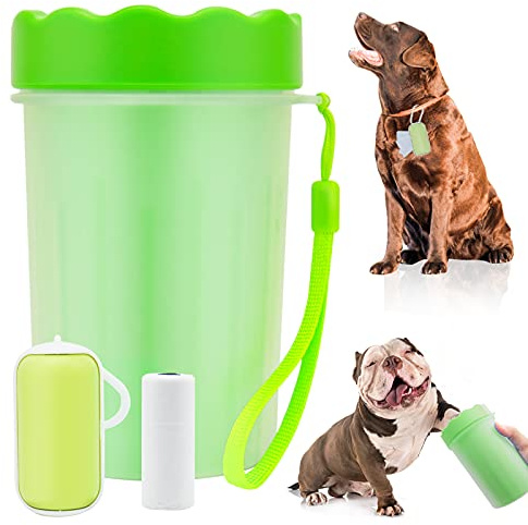 KOOLPUG Dog Paw Cleaner Cup with Dog Poo Bags Leash Dispenser, Pet Paw Washer with Waste Bags, Perfect for Removing Dirt After Daily Walk (Large, Green)