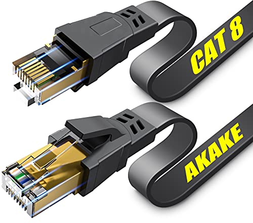 Akake Cat 8 Ethernet Cable, 2M Heavy Duty High Speed Flat Internet Network Cable, Professional LAN Cable, 26AWG, 2000Mhz 40Gbps with Gold Plated RJ45 Connector, Shielded in Wall, Indoor&Outdoor,Black