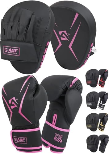 AQF Boxing Gloves and Pads - Adults & Kids Boxing-Set for Kickboxing & MMA Muay Thai Punching Glove with Curved Focus Pads for Martial Arts Training