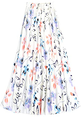 Coolwife Womens High Waist Skirts Midi Swing Pockets Elastic Waist A Line Boho Floral Print Skirt
