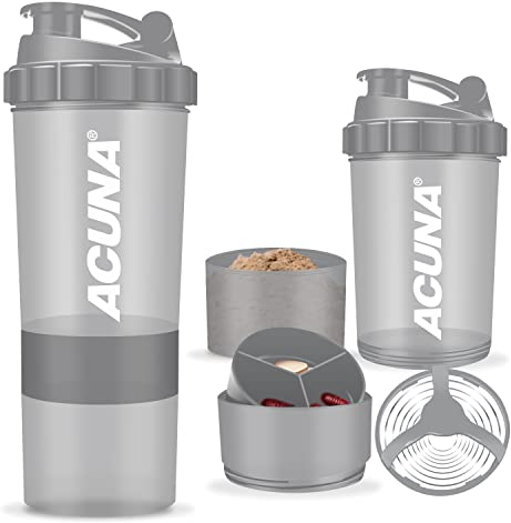 ACUNA Bottiglia shaker per proteine da 600 ml, 3 strati Twist Off Cup per riporre pillole e integratori, sfera di miscelazione in acciaio per agitare senza grumi, facile da pulire, bottiglia shaker