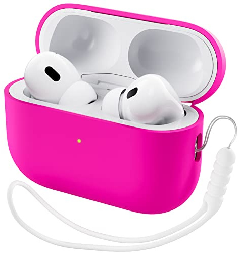ORNARTO Compatible with Airpods Pro 2 Case (2022), Protective Liquid Silicone Case Cover for Airpods Pro 2nd Generation with Lanyard Soft Skin Front LED Visible-Hot Pink