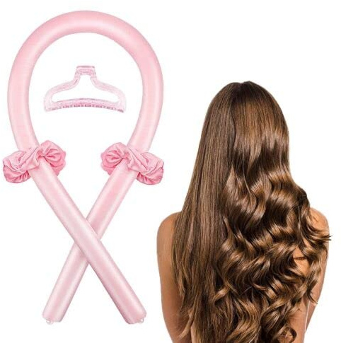 zalati Bigoudi Curling Rod Silk Bandeau avec Clip Mousse Sans Chaleur Ruban Bande Soft Wave pour DIY Kit de Coiffure - Rose