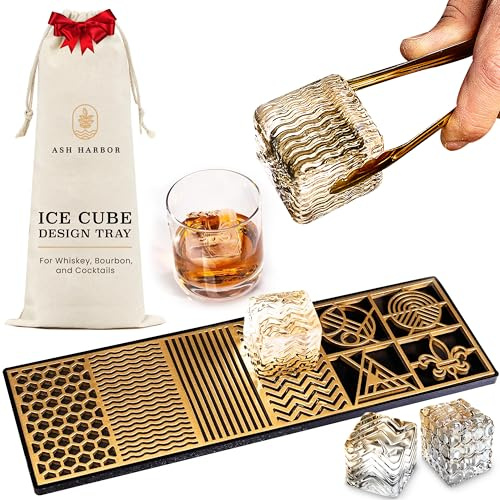 Clear Ice Cube Maker Design Tray - Craft Modern Ice Molds for Bourbon & Cocktails in 5 Seconds - Whiskey Mold Cube Stamp – Bartender Accessories - Copper Ice Press Cocktails by Ash Harbor (Patterns)