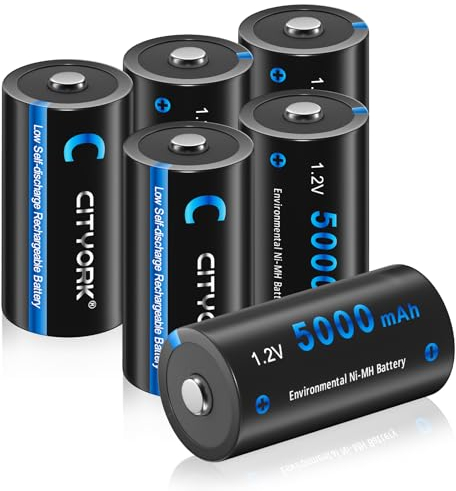 CITYORK Pilas recargables de 5000 mAh, 1,2 V, NI-MH C, de alta capacidad, perfectas para el uso diario y el negocio, incluye compartimento para pilas – 6 unidades