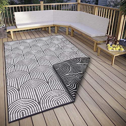Hanse Home Pangli Tapis d'extérieur résistant aux intempéries, réversible, Style bohème scandinave, imperméable, Couleur Unie, géométrique, Effet 3D, pour Jardin, Balcon, terrasse, Salon, Noir, 120 x