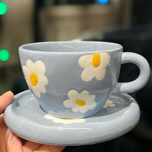 Disoza Kaffeetassen Set mit Untertasse Blau Blumen Tasse Geschenke für Frauen zum Geburtstag Tee Kaffee Becher mit Untertasse 250 ml Keramik Tasse Geburtstagsgeschenk für Frauen Mädchen Mama Freundin