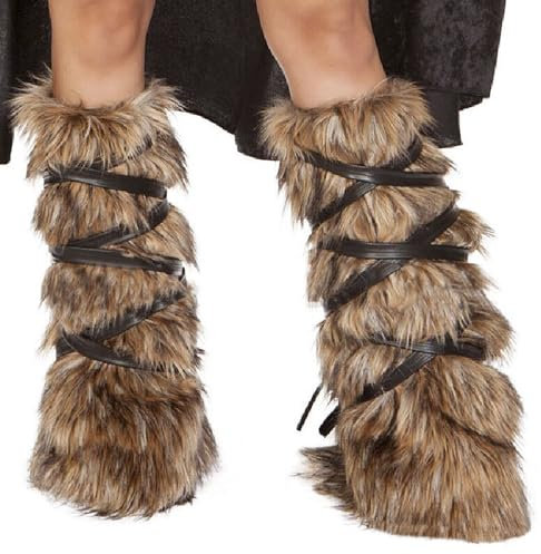 Faux Fur Long Leg Warmers and Fluffy Sleeves Set for Women, Soft Boot Shoes Cuffs Cover, Warm Furry Costume Leg Socks, Carnival Cosplay Christmas, Halloween Costume Accessories (Brown leg warmers)
