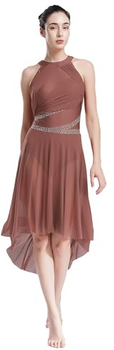 Nyeemya Vestido de Danza Lírica de Cuello Redondo para Mujer Vestido de Gasa sin Mangas Vestido de Baile con Pedrerías Brillantes Disfraz Bailarina S-XXL Rosa empolvado S