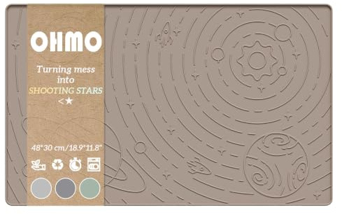 OHMO Tappetino Ciotola per Cane e Gatto(48x30cm, Beige, Galassia) Silicone Impermeabile Antiscivolo a Prova di Fuoriuscita per Cibo e Acqua, Senza BPA