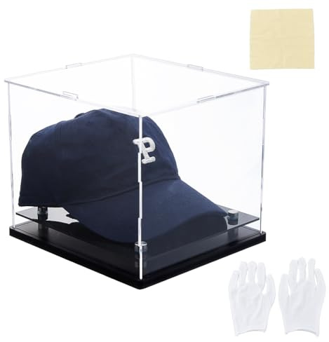 SUPERFINDINGS Gorra de béisbol acrílica con exhibición de boxeo, caja a prueba de polvo, cajas rectangulares transparentes para sombrero de exhibición, soporte de vitrina transparente con base negra y