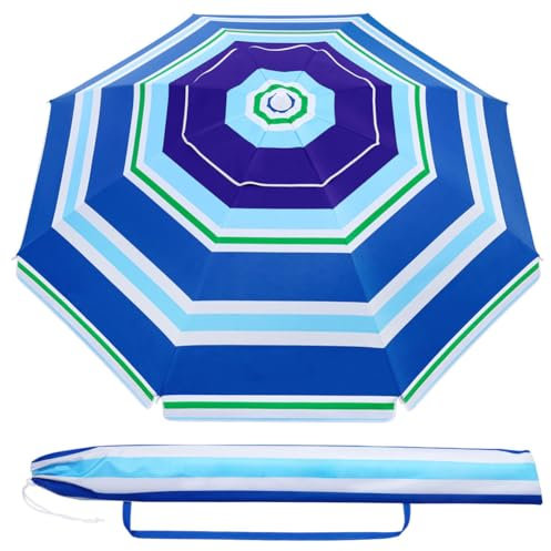 UKCOCO 2M Beach Umbrella: Garden Umbrella Parasol with Carrying Bag - White Strip Sun Protection Sun Shade Shelter for Outdoor Garden Patio Tilting Parasol