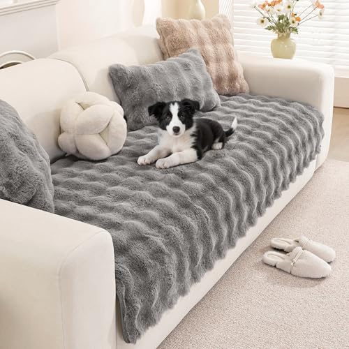 Royhom Plüsch Sofa Überzug L Form 1/2/3/4 Sitzer Couch Überzug Ecksofa, Sofaschoner rutschfest, Superweiche SofaÜberwurf aus Kunstpelz für Sofa, Teppich, Fensterbank Kissen(Grau 70x210cm)