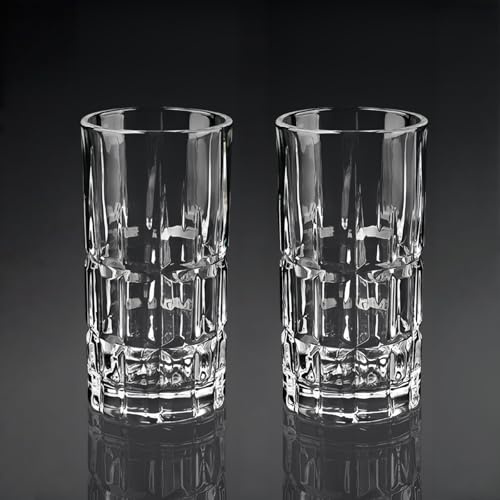 Lot de 2 verres highball en cristal transparent pour thé glacé, boissons froides, bière, cocktails, jus de fruits pour la maison, bar, fête, mariage, bureau, treillis de 370 ml
