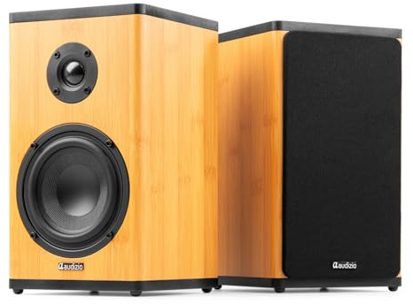 Audizio BS20 – Altavoces estéreo HiFi con batería Recargable y Amplificador Incorporado, Altavoces de estantería Bluetooth y AUX para casa, Ordenador, Cadena HiFi o Tocadiscos – Color bambú
