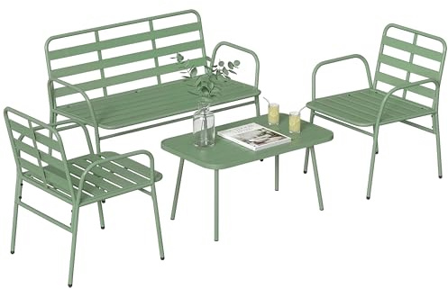 Outsunny Set Salotto da Giardino 4 Pezzi, Set di Mobili da Giardino in Acciaio e Metallo con Divano 2 Posti, 2 Poltrone, Tavolino, Salottino da Esterno con Struttura a Doghe per Patio Balcone, Verde