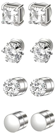 EYVRPAU Orecchini Uomo Magnetici 4 Paia, Finti Senza Buco Calamita, per Look da Piercing, Set di 4 Stili Assortiti. Ideali per uno Stile Audace e Senza Impegno Permanente.