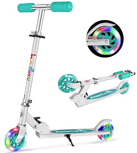 BELEEV V1 Scooters for Kids, 2 Wheel Folding Kick Scooter for Girls Boys, 3 Adjustable Height, Light Up Wheels, Lightweight Push Scooter with Kickstand for Children Ages 3-12 (Aqua)