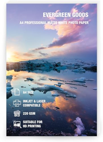 Evergreen Goods 50 Sheets A4 Matte White Double-Sided Photo Paper 220 GSM, Inkjet & Laser Printable, High-Resolution Paper for Photo Printing, Scrapbooking, Cards & Crafts