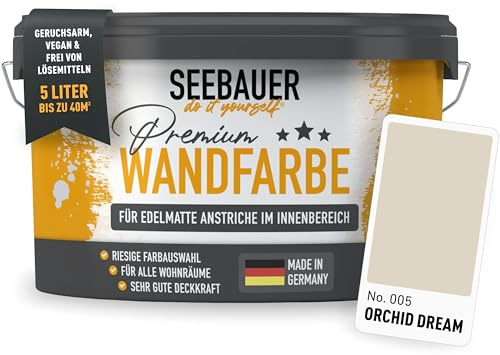 SEEBAUER diy Wandfarbe Beige 5L für Innen (No. 005 Orchid Dream) Edelmatte cremeweiße Innenfarbe - Beigetöne sehr hohe Deckkraft - Matt, Abwaschbar und Tropffrei