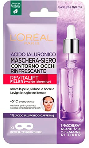 L'Oréal Paris Revitalift - Mascarilla-sérum refrescante, de tela, para contorno de ojos, hidratante, con ácido hialurónico y cafeína