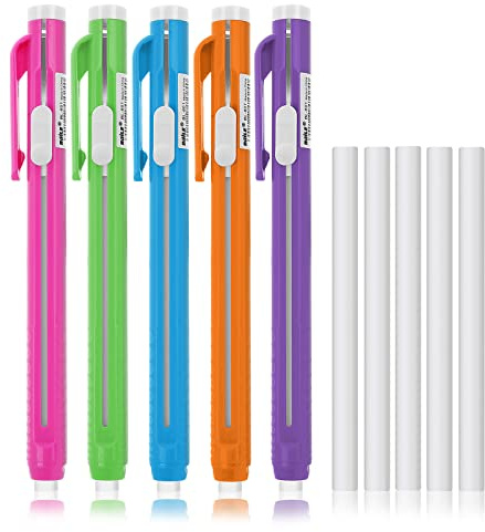 Cobee Juego de borrador estilo bolígrafo, 5 conchas retráctiles con 5 gomas de borrar, lápiz de borrador mecánico, borradores de barra para niños, estudiantes, profesores, artistas