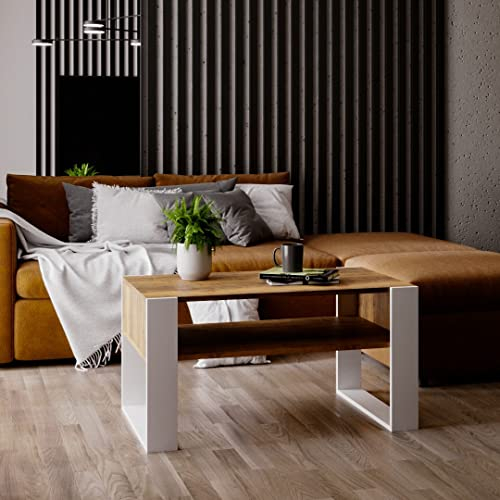 MRBLS_HOME MRBLS Couchtisch – modernes rustikales Design – Wohnzimmer-Tisch Beistelltisch Kaffeetisch Sofatisch Teetisch aus Holz (Retro Eiche - Weiß Matt) - 92 x 45 x 53,6 cm (B/H/T)