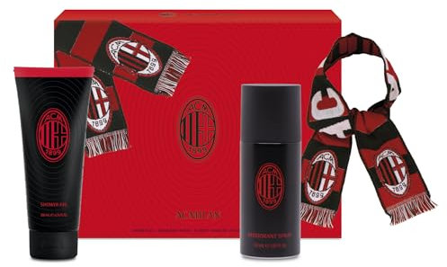 AC Milan Gift Set - Deodorant 150ml + Shower Gel 200ml + Official Scarf | Woody & Spicy Fragrance | Sporty & Intense Perfume | Cedarwood, Musk & Amber Scent | Male Body & Skin Care Combo