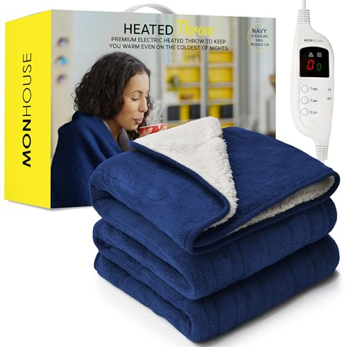 MONHOUSE 180X200 cm Soft Electric Blanket King Size - Heated Throw With Digital Controller - Machine Washable Bed Throw, Timer up to 9 hours, 9 Heat Settings, Auto Shutoff - Navy Sherpa Fleece