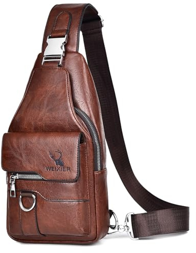 Bandoleras Hombre Cuero Bolso de Bombro Pequeña Bolsa Pecho Retro Sling Bag Mariconera Cruzada Bolso de Negocios Mano Bolsas de Trabajo Teléfono Cartera Monedero (Marrón bolso de mano para hombres)