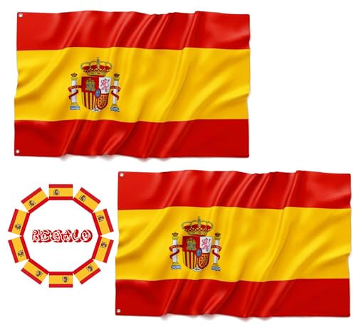 BIORYC ® 2 Uds. Bandera Grande para Exterior de Poliéster Densidad 110g/cm² reforzada + Regalo. Bandera España con 2 Ojales Metálicos. Ideal para Balcón. Spanish Flag. Mundial 2026