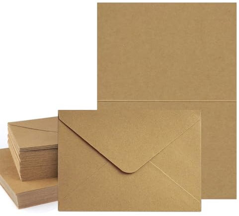 Logei Briefumschläge Kraftpapier mit Karten，60 Sets Umschläge Faltkarten， Blanko Karten zum Selbstgestalten ，kraftpapier karten mit Natur-Braun umschlage Recycling Umschläge Kuverts für Geschenk Grußk