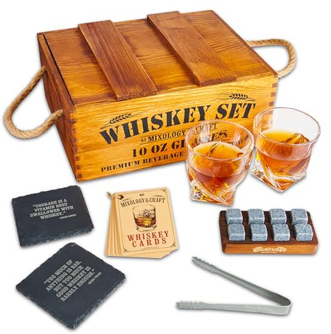 Whiskey Geschenkset mit 2X 300ml Gläsern, 8 Granit Whisky Steinen & rustikaler Holzkiste – Elegantes Whisky Accessoire für Bourbon, Scotch, Rum Männer, Papa, Ehemann