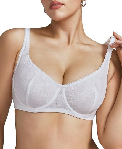 Women's Balconette Bra Push Up Unlined Underwire Lace U-Neck Demi Cup Sexy Plus Size (42DDD, White)