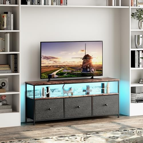 Mueble para TV con luces LED, 108 × 30 × 57 cm, mesa de televisión con 3 cajones, 3 compartimentos abiertos, mueble bajo para TV con estante de cristal ajustable, soporte para salón, dormitorio, negro