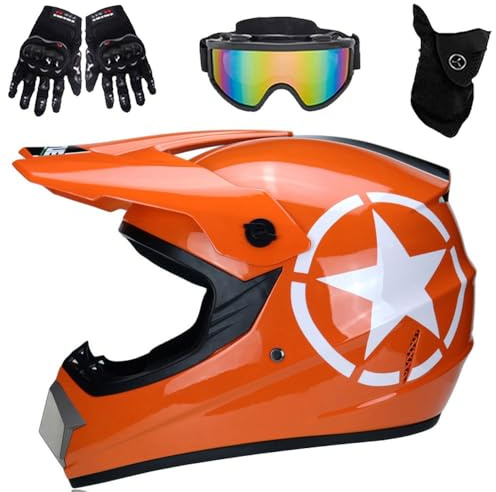 Casco da Motocross Per Bambini, con Occhiali, Guanti E Maschera, Per Ragazzi E Ragazze Dagli 8 Ai 18 Anni, Casco ATV Per Bambini, Motocross Fuoristrada(905 Orange Star,XL (58-59cm))