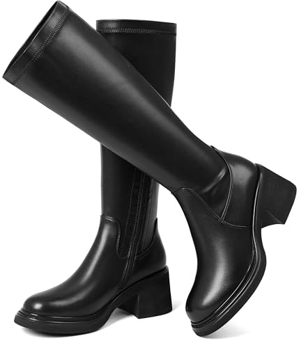SHEOMSIE Women's Knee High Boots Stretch Chunky Heel Tall Riding Boots